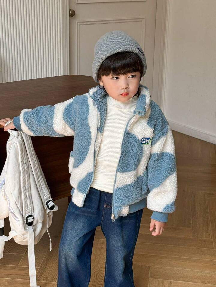SHEIN Genkimix Kids Young Boy Korean Style All-Match Casual Stand Collar Blue & White Contrast Pl... | SHEIN