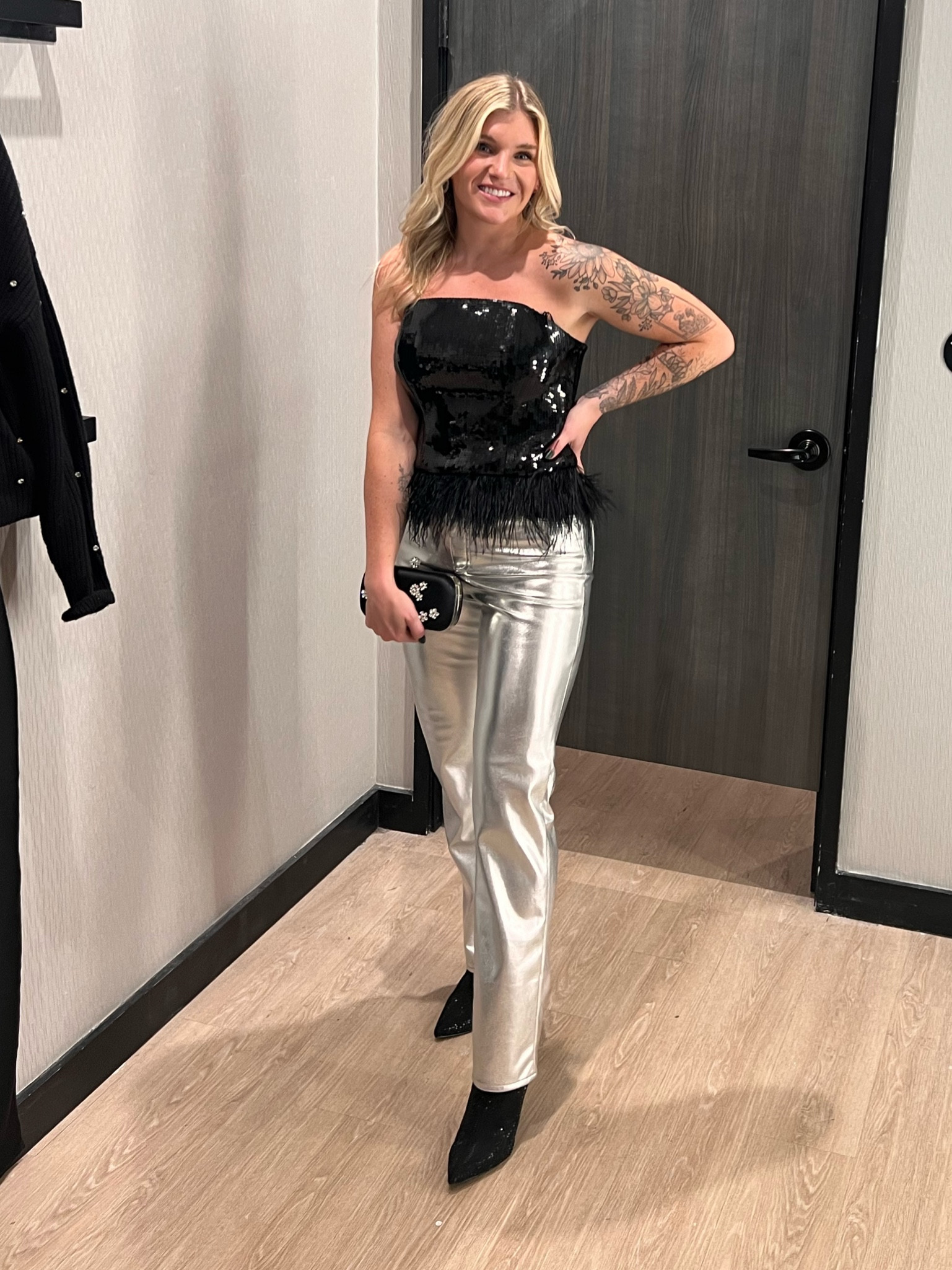 Silver, sequins AND feathers? So fun! These pants are perfect to dress up or down. Wearing a size 6. The top is great to pair with your favorite pair of jeans. Wearing a size 6.

#LTKHoliday #LTKsalealert #LTKSeasonal