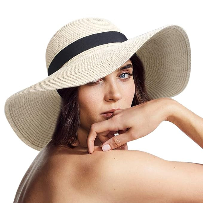 Womens Sun Straw Hat Wide Brim UPF 50 Summer Hat Foldable Roll up Floppy Beach Hats for Women | Amazon (US)