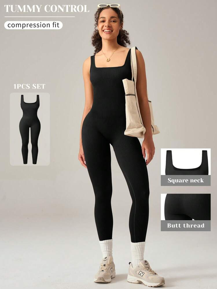 Shapewear Bodysuit For Women Tummy Control Square Neck Seamless Ribbed One Piece Jumpsuit Sleeveless Tank Top Leggings | SHEIN