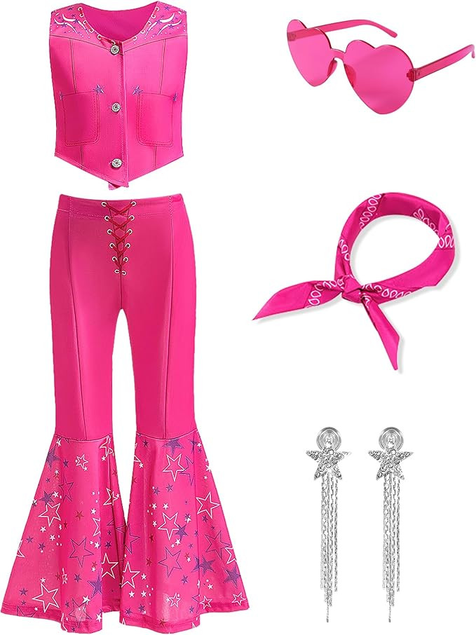 Girls Pink Costume 6Pcs Cowgirl Movie Cosplay Kids Disco Outfits Set Halloween Birthday Party Dre... | Amazon (US)