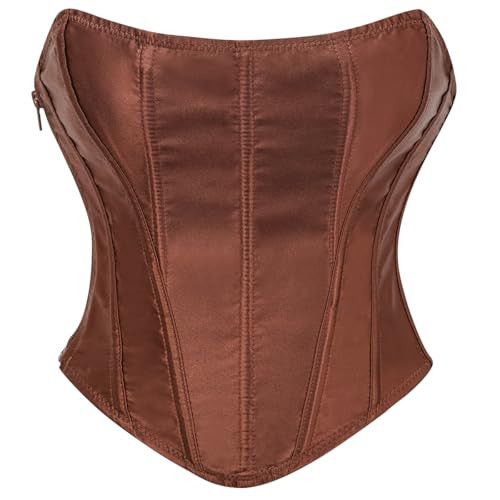 SHYMMUO Women Brown Corset Top Satin Goint Out Croset Crop Top Lace Up Strapless Bustier Slimming Waist Trainer M | Amazon (US)