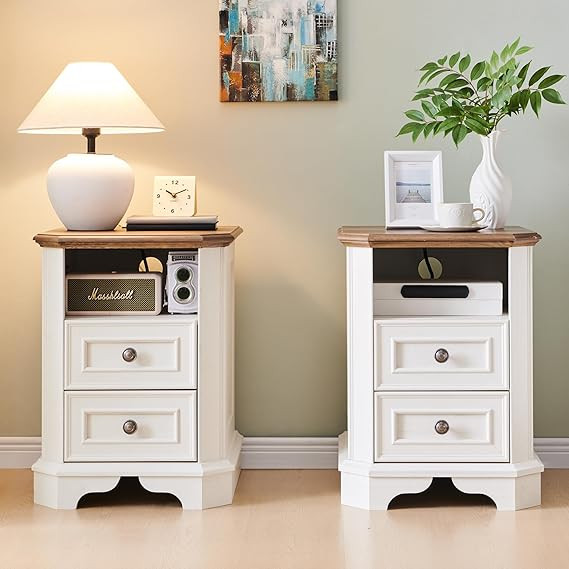 T4TREAM Farmhouse Nightstand Set of 2 with Charging Station, 18" End Table with 2 Drawers, Wood S... | Amazon (US)