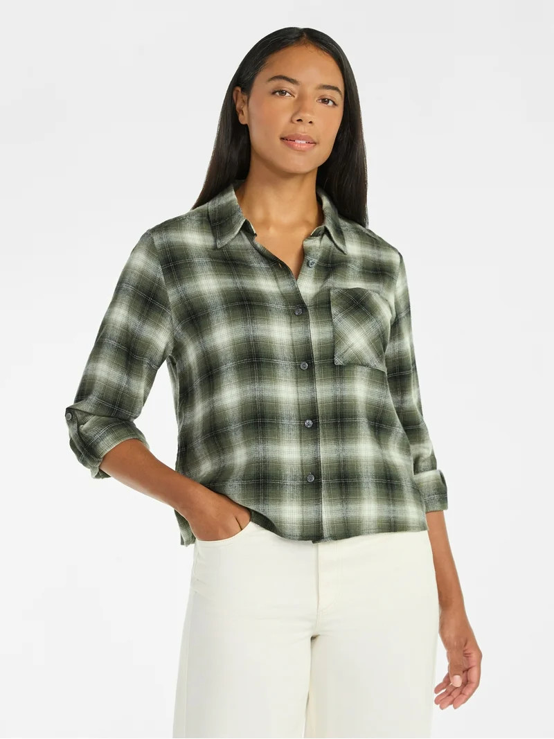 Time and Tru Women's Cropped Flannel Shirt with Long Sleeves, Sizes XS-XXXL | Walmart (US)