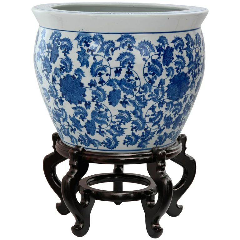 Oriental Furniture 12" Floral Blue & White Porcelain Fishbowl | Walmart (US)