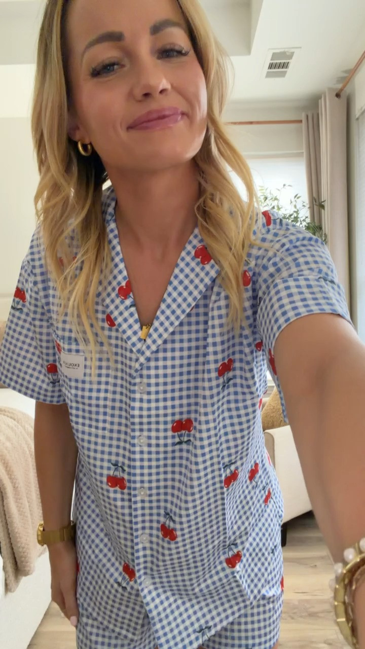 These cherry print pajamas are absolutely adorable! The blue background with red cherries is such a sweet and feminine pattern. Love how soft and comfortable they are for sleeping. The coordinated set makes bedtime feel more special. Perfect for cozy nights in or lazy weekend mornings!

#CherryPajamas #TwoPiecePajamas #CutePajamas #CozyStyle #SleepwearSet #LTKHome 

 #LTKMothersDay #LTKmomlife #LTKselfcare