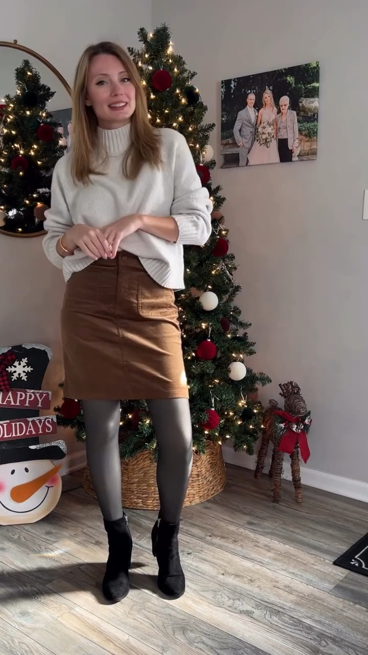 Some holiday party outfit inspo! This skirt is nice and stretchy in the waist (for all those Christmas cookies 😉) and it’s a length that works for the office!

Plus, these stockings are fleece lined and keep you so warm! 

Comment SHOP and I’ll send you a link with the details!