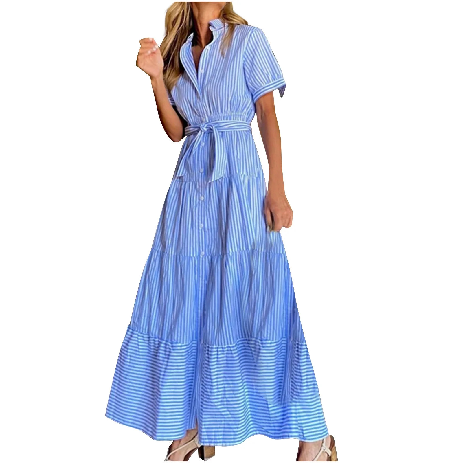 Women's 2024 Summer Striped Maxi Dress Casual Button Down Short Sleeve Tiered Long Shirt Dresses ... | Walmart (US)