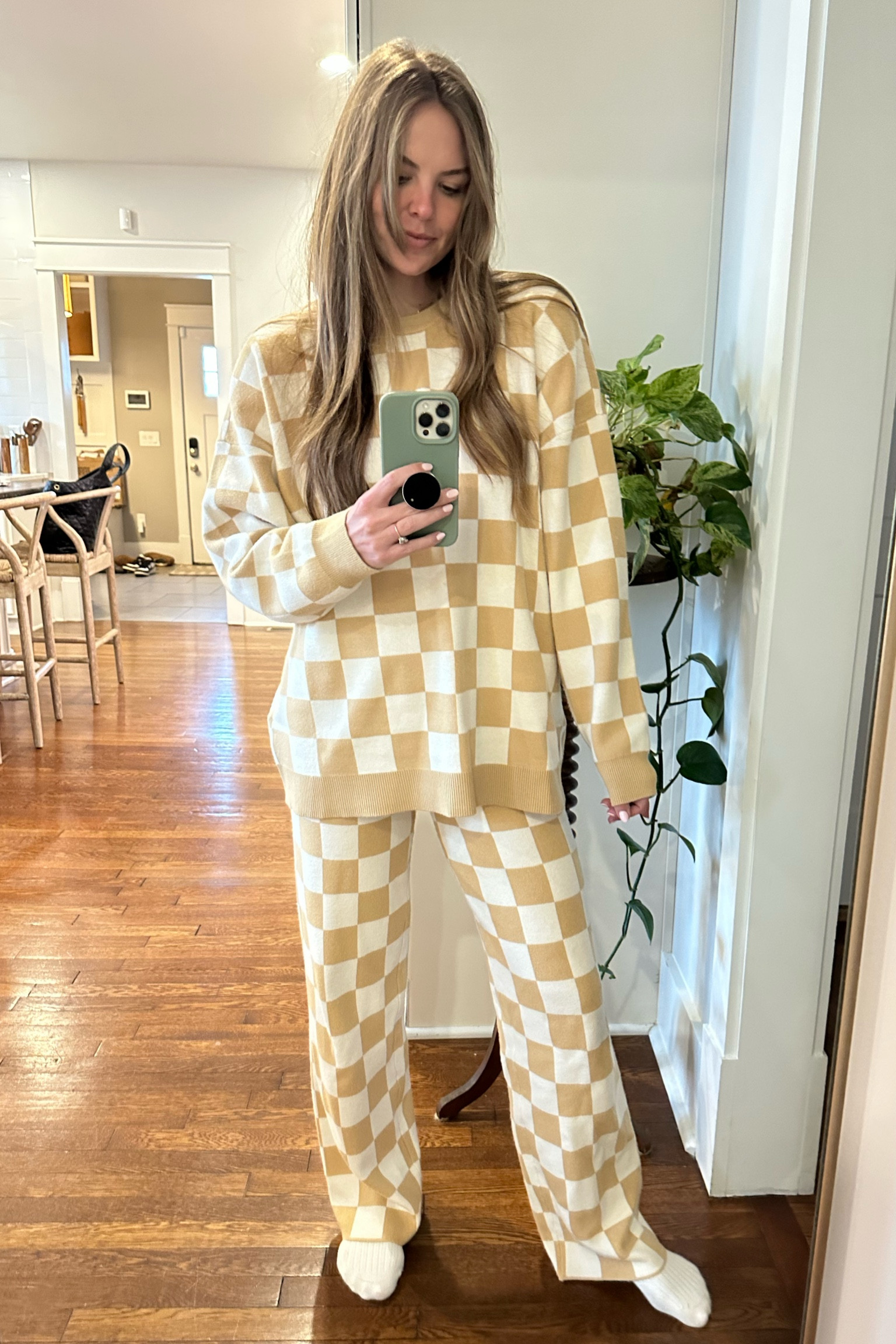 Feeling cute AND cozy! love this neutral checkered sweater set 🤍  wearing size small in sweater and pants. 

#LTKstyletip #LTKMostLoved #LTKGiftGuide