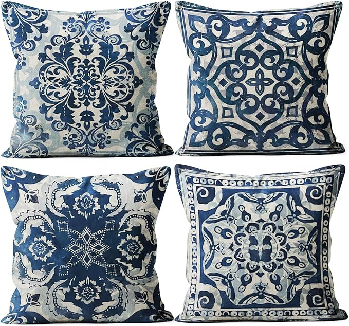 Blue Throw Pillow Covers - Linen Blue Pillow Covers 18x18 Set of 4, Decorative Blue and White Pil... | Amazon (US)
