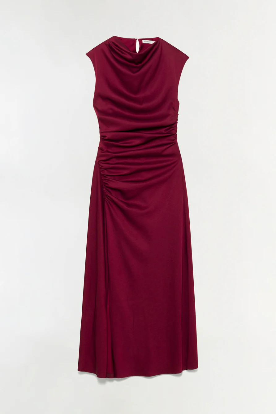 SIMKHAI Women's Burke Draped Satin Midi Dress in Oxblood, Size 2 | Simkhai