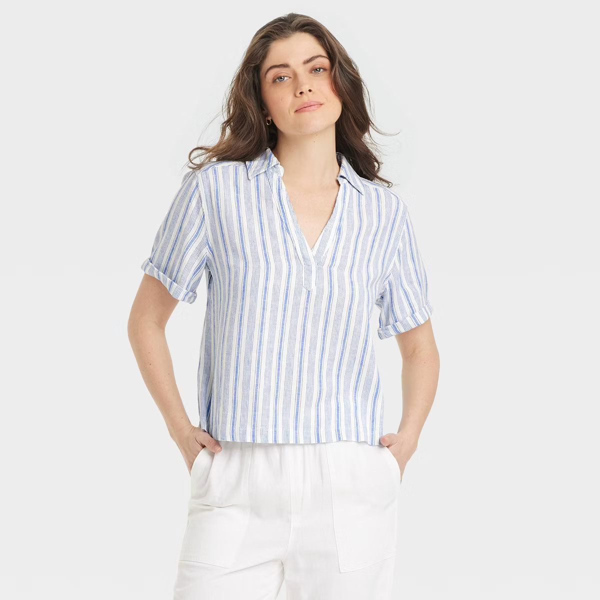 Women's Short Sleeve Popover Blouse - Universal Thread™ Blue Striped S | Target