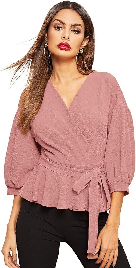 SheIn Women's Lantern 3/4 Sleeve V Neck Ruffle Blouse Tie Waist Wrap Peplum Top | Amazon (US)
