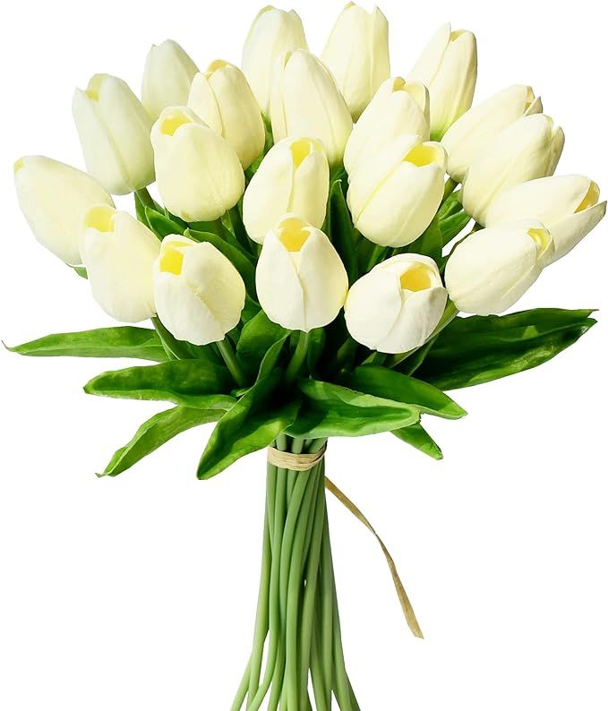 Mandy's 20pcs Cream Artificial Tulip Silk Flowers 13.5" for Home Kitchen Wedding Decorations | Amazon (US)