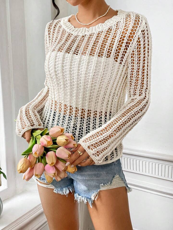 SHEIN Essnce 1pc Women's Knitted Sweater With See-Through Design And Long Sleeves | SHEIN