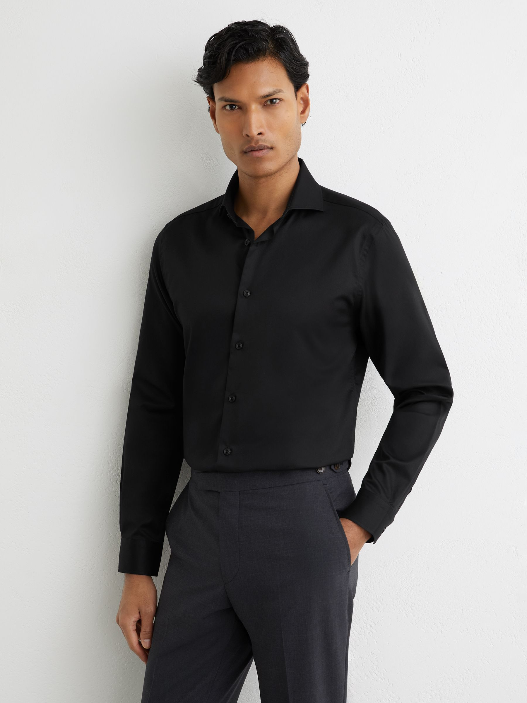 Cotton-Twill Two-Fold Shirt in Black | Reiss US