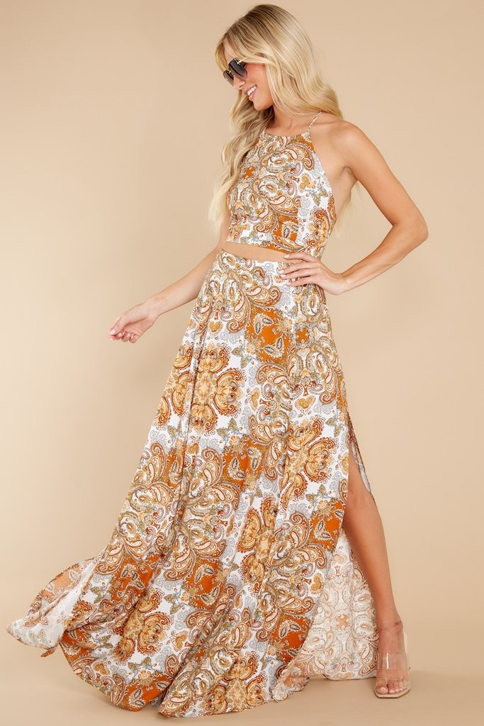 New Destiny Burnt Orange Multi Print Two Piece Set | Red Dress 