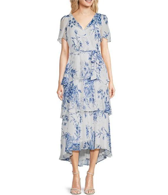 Short Sleeve V-Neck Tiered Skirt Tie Waist Printed Midi Dress | Dillard's