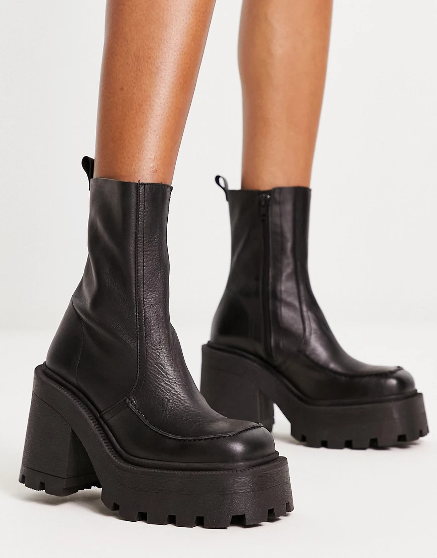 ASOS DESIGN Rider premium leather chunky heeled boots in black | ASOS (Global)