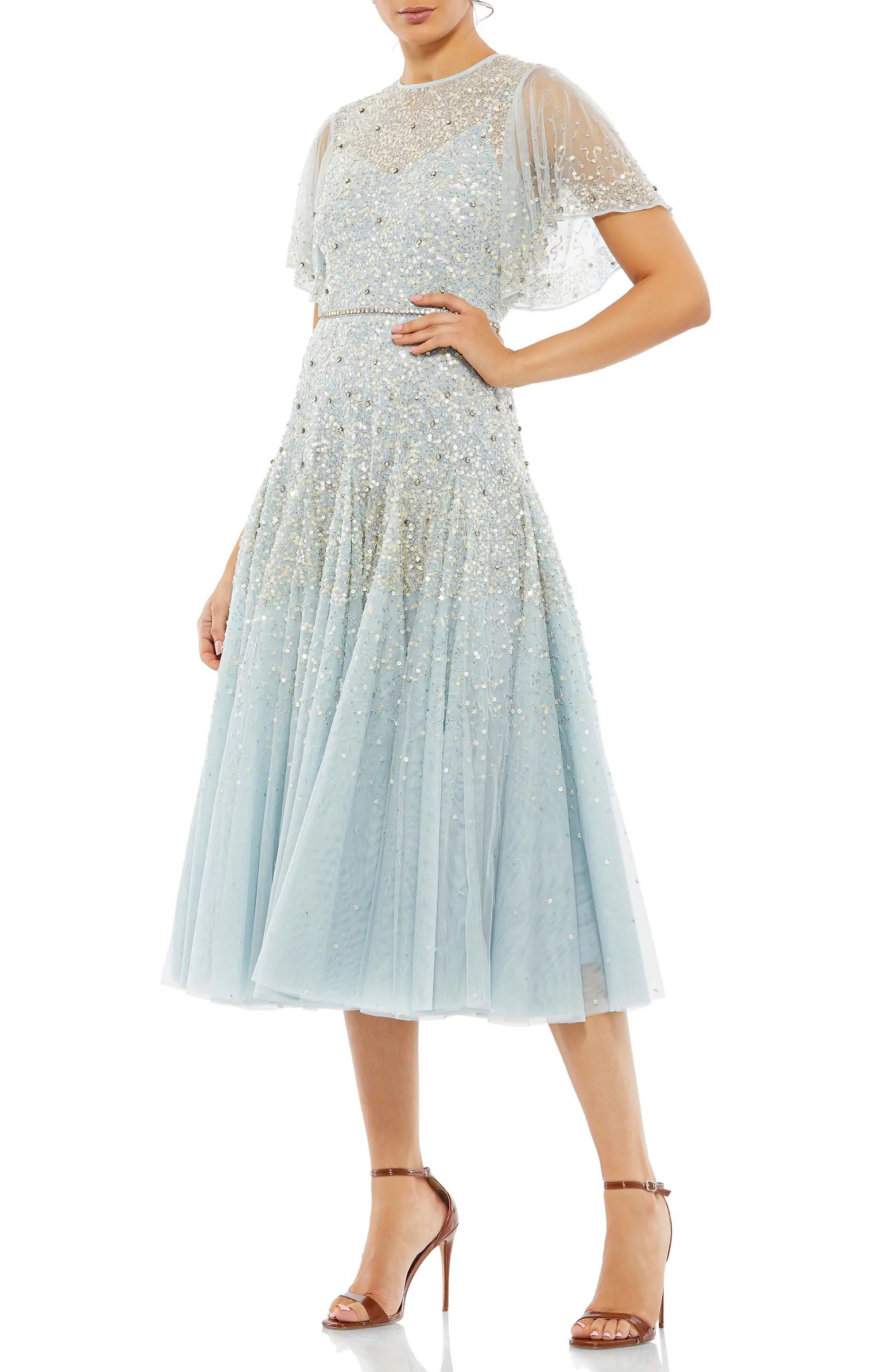 Sequin & Crystal Embellished Ruffle Sleeve Midi Cocktail Dress | Nordstrom