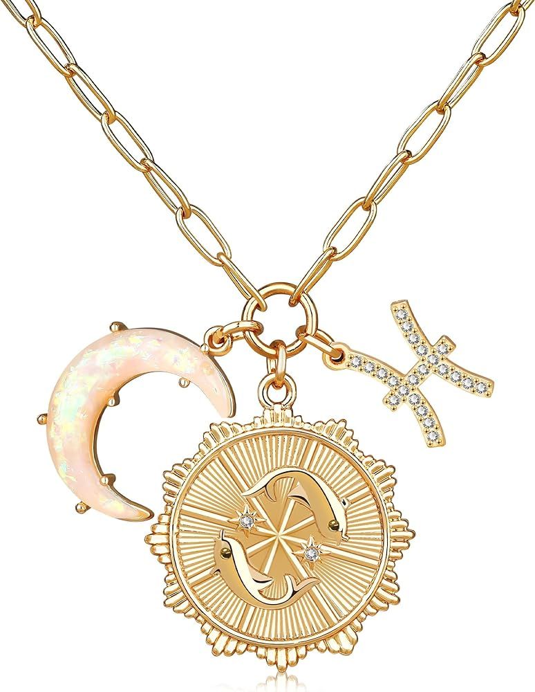 Gold Zodiac Sign Coin Necklace with Opal Crescent Moon Charm for Women Trendy Girls, Dainty Gold ... | Amazon (US)