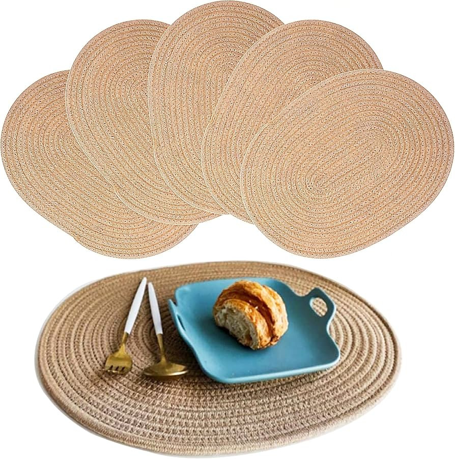Jute Braided Placemats Set of 6, Cotton Fabric Oval Table Mats Non Slip Washable 16 * 12 inch Ova... | Amazon (US)