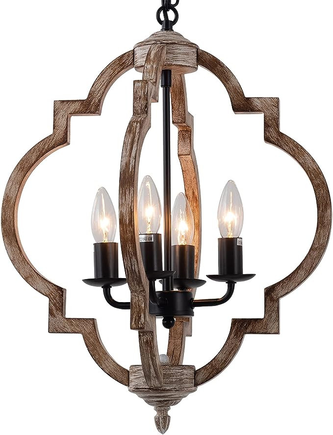16.14" 4-Light Farmhouse Wood Chandelier, Rustic Orb Pendant Lighting Fixture with Adjustable Cha... | Amazon (US)