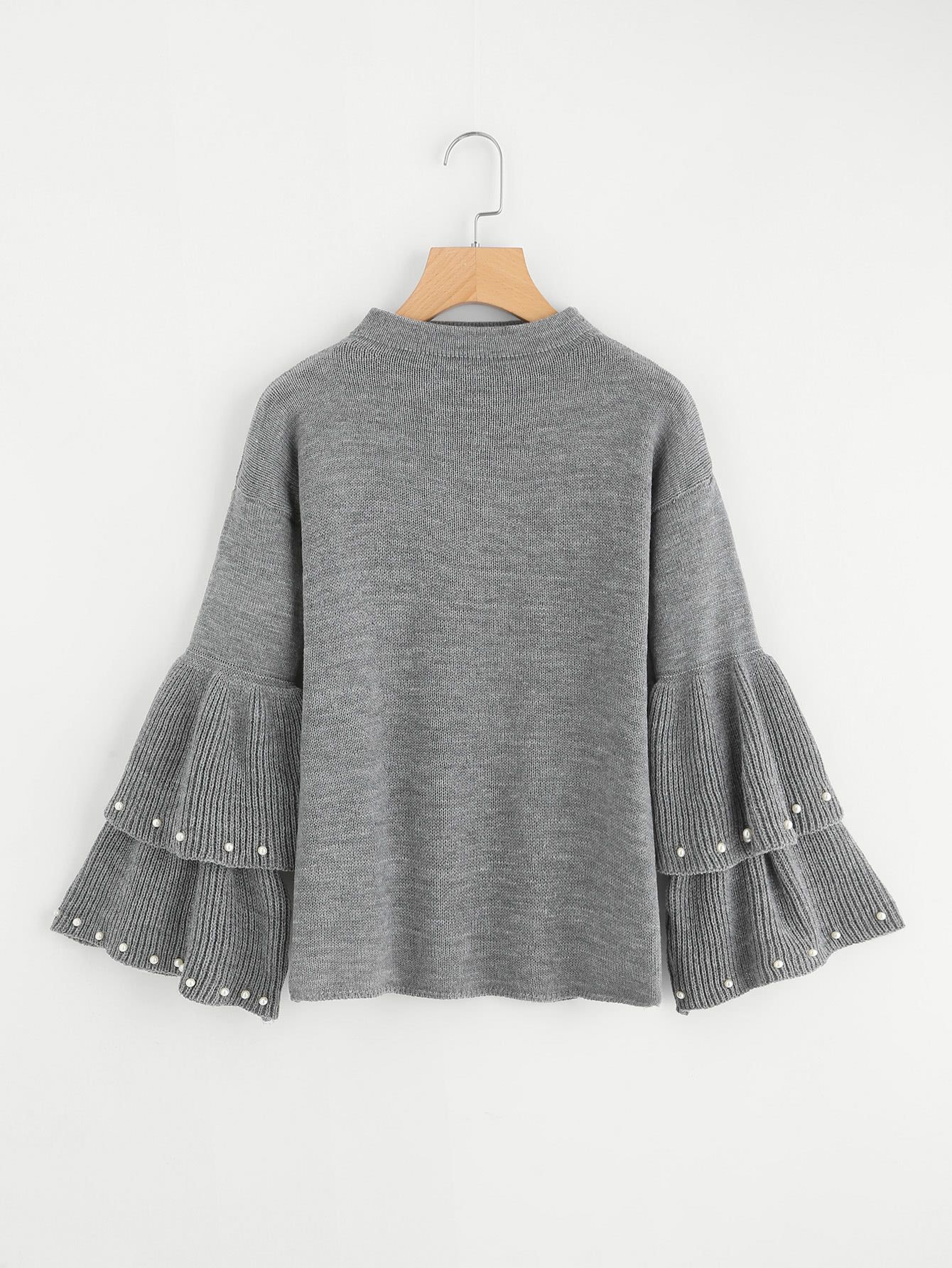 Pearl Beading Tiered Bell Sleeve Jumper | SHEIN