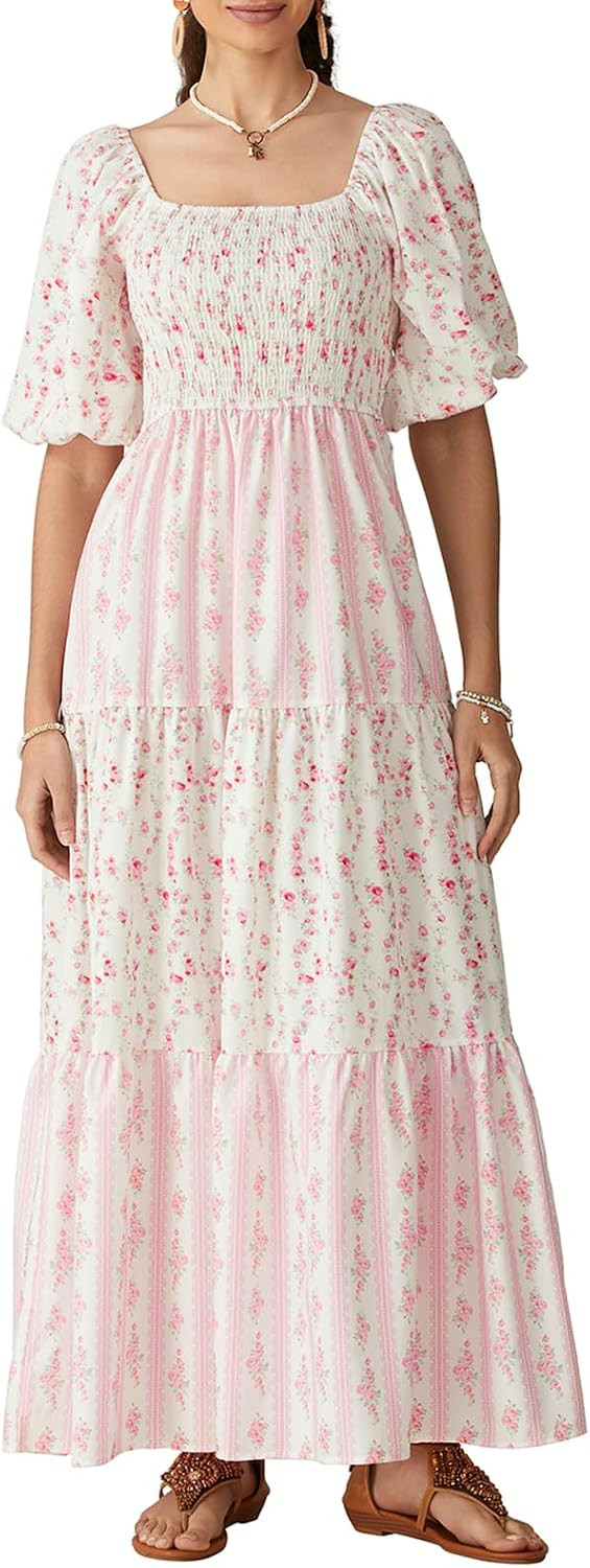 Womens Summer Puff Sleeve Floral Maxi Dress | Amazon (US)