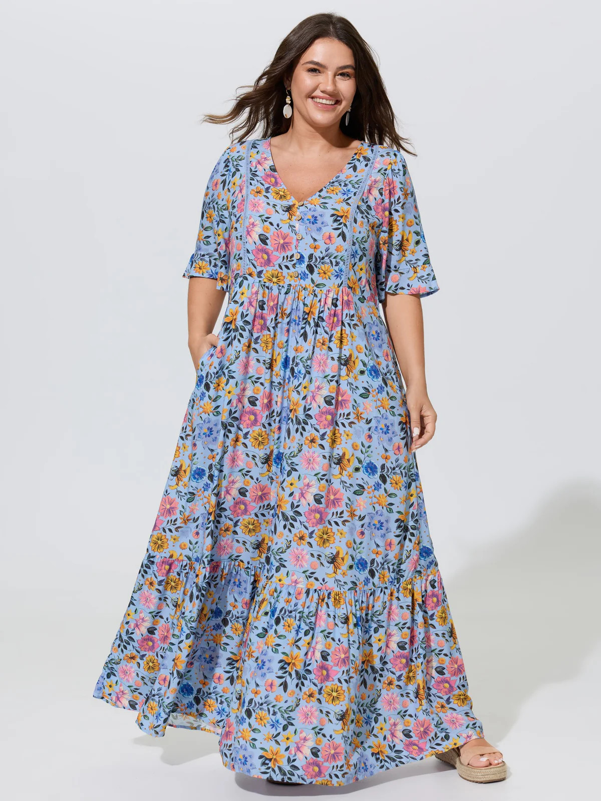 Rayon Floral Lace Trim Button Maxi Dress | Bloomchic