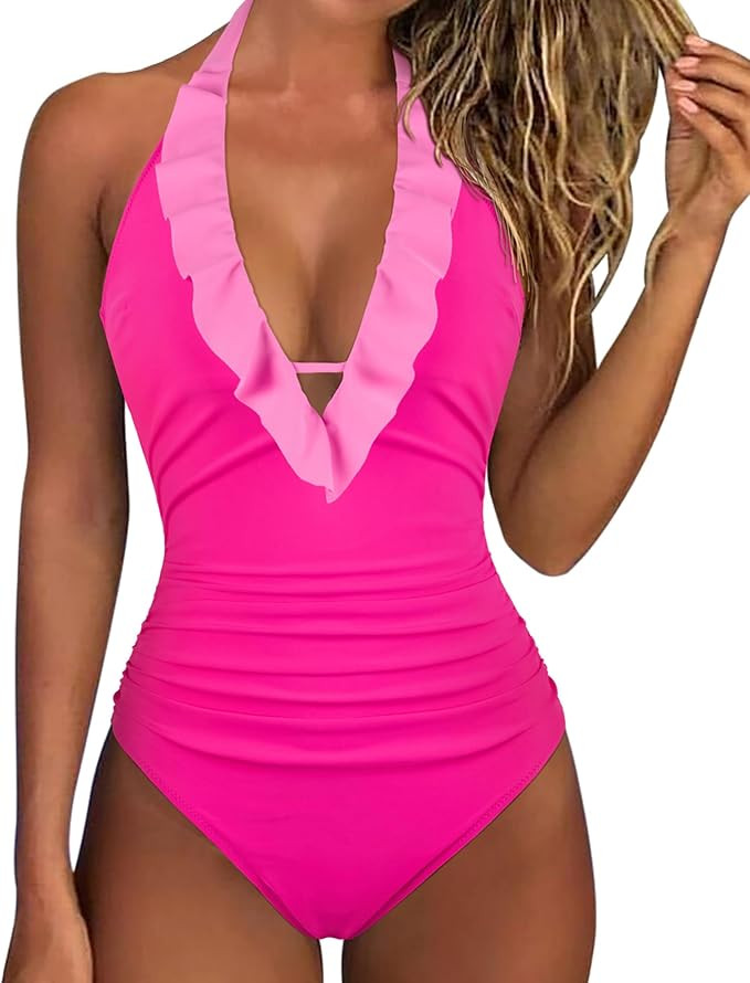 SUUKSESS Women Sexy Halter One Piece Swimsuits Ruffle Tummy Control Bathing Suit | Amazon (US)