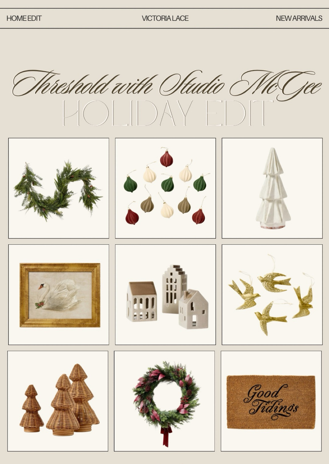 Threshold with Stuido McGee - Holiday Edit at Target ❤️ so many unique decor this year! I love the felt and gold ornaments, rattan trees, ceramic village, winter wall art, door mat, wreaths and pine spruce garland. So cute in a neutral and aesthetic home . 