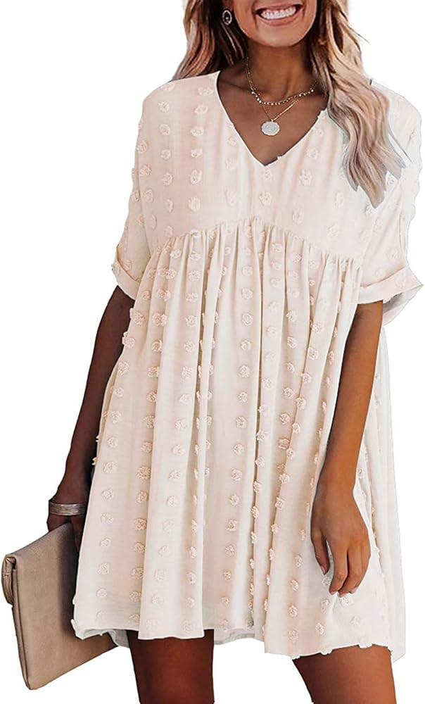 OURS Womens Summer Short Sleeve Flowy Midi Dress V Neck Sexy Short Dress Loose Swiss Dot Casual Dres | Amazon (US)