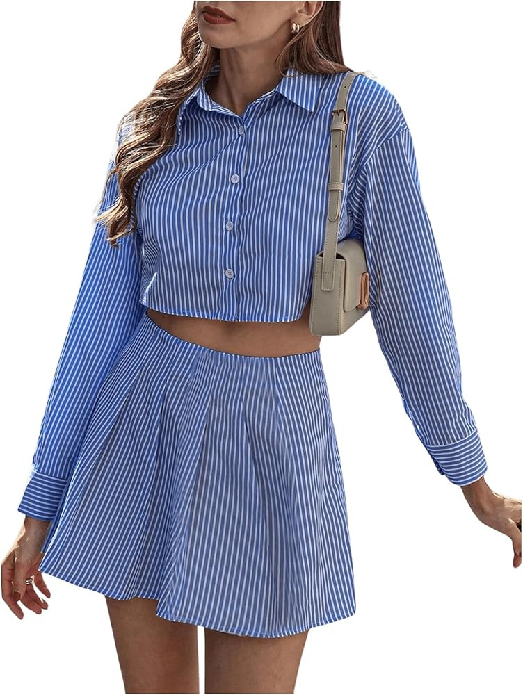 Milumia Women's 2 Piece Set Striped Long Sleeve Button Up Shirt Tennis Skirts | Amazon (US)