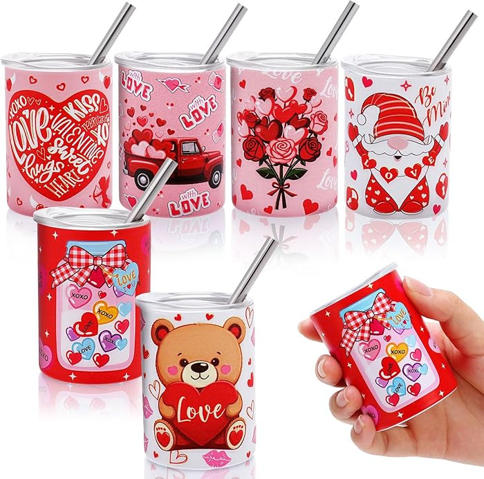 6 Pack 3 oz Valentine's Day Shot Glasses Mini Tumbler Shot Glass with Straw and Lid Pink Heart Bo... | Amazon (US)