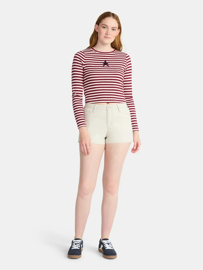 No Boundaries Graphic Striped Pointelle Top with Long Sleeves, Women’s - Walmart.com | Walmart (US)