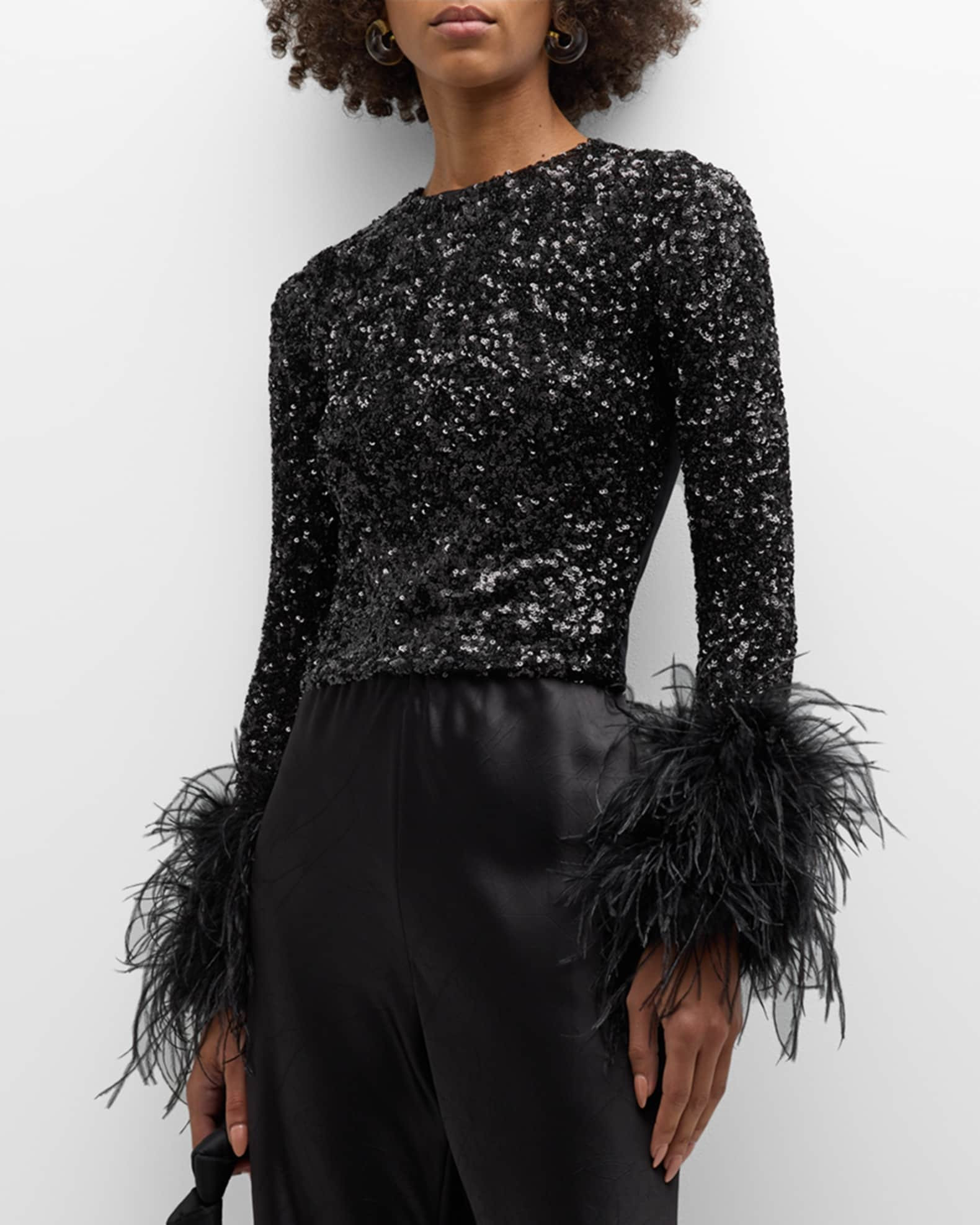Alice + Olivia Delaina Sequined Feather-Cuff Top | Neiman Marcus