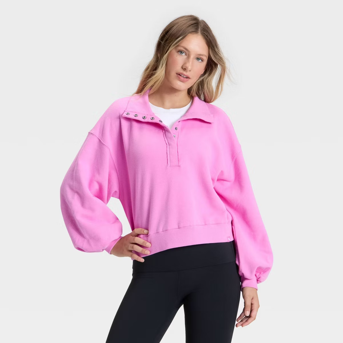 Women's Henley French Terry Sweatshirt - JoyLab™ Black S | Target