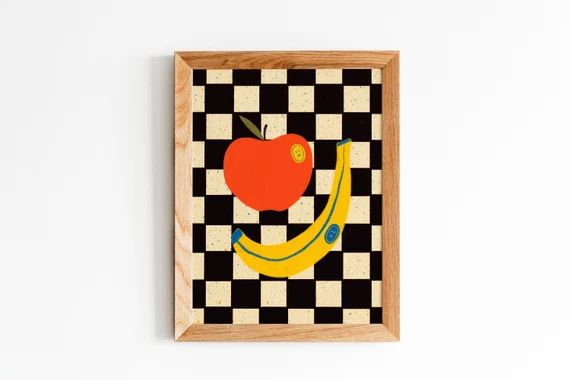 Checkered Fruit Digital Art Print 8x10 and 11x14 Retro Cute Smiley Face Apple Banana Checkerboard... | Etsy (US)