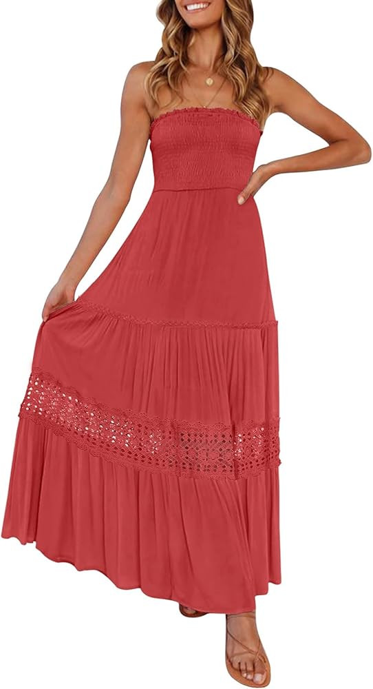 ZESICA Women's 2026 Summer Boho Maxi Dresses Strapless Off Shoulder Lace Flowy A Line Beach Vacat... | Amazon (US)