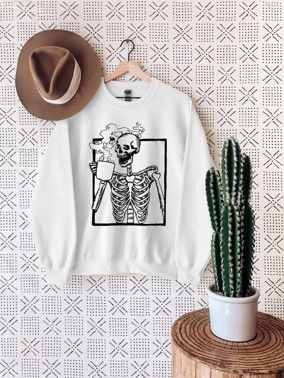 Hot Coffee Skeleton Sweatshirt, Skeletons Halloween Oversized Sweatshirt, Halloween Shirt, Hallow... | Etsy (US)