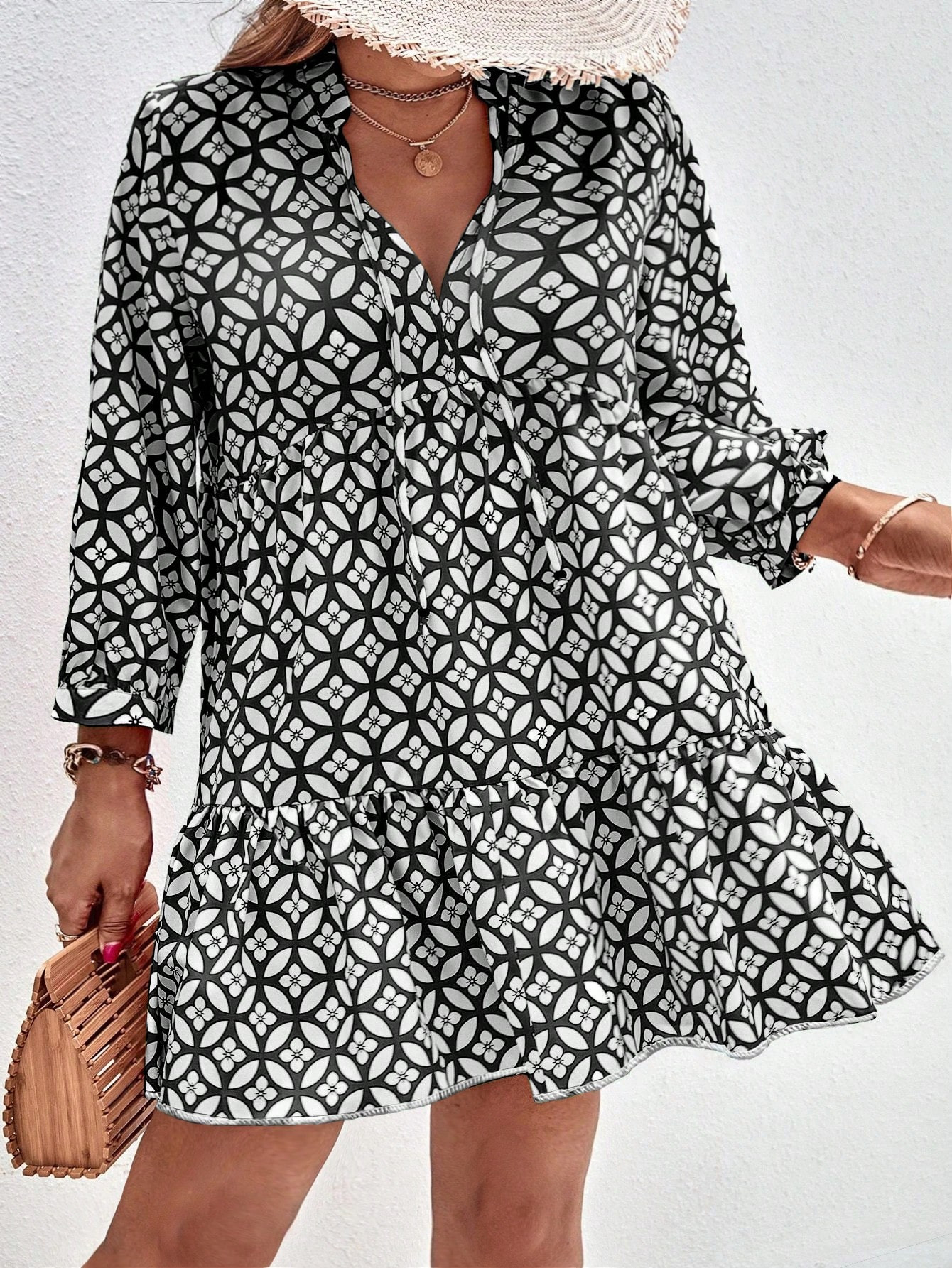 SHEIN Frenchy Plus Allover Print Notched Neck Ruffle Hem Smock Dress | SHEIN