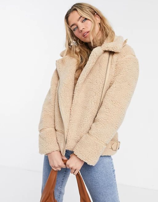 New Look teddy aviator jacket in camel | ASOS (Global)