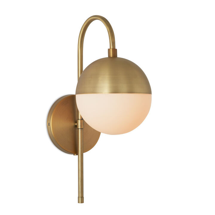 Powell LED Wall Sconce with Hooded White Globe, Aged Brass | Lights.com