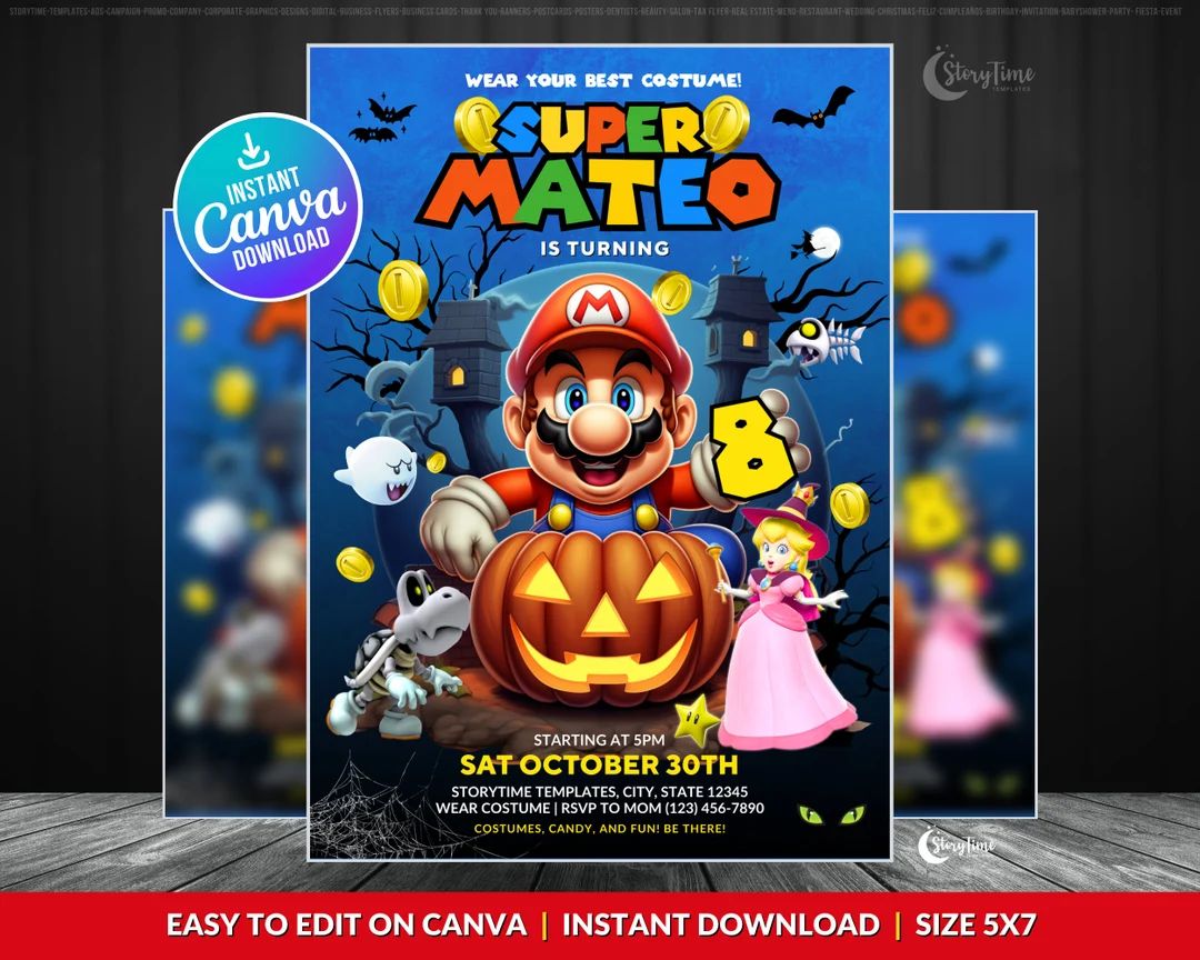 Mario Halloween Party Invitation Super Mario Editable Canva - Etsy | Etsy (US)