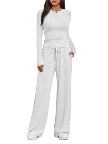 Trendy Queen Women's 2 Piece Matching Lounge Sets Fall Fashion Two Pieces Sweat Outfits Long Sleeve Wide Leg Pants Tracksuits V Neck Shirts 2026 Airport Travel Clothes Loungewear Clothing LGrey XL | Amazon (US)