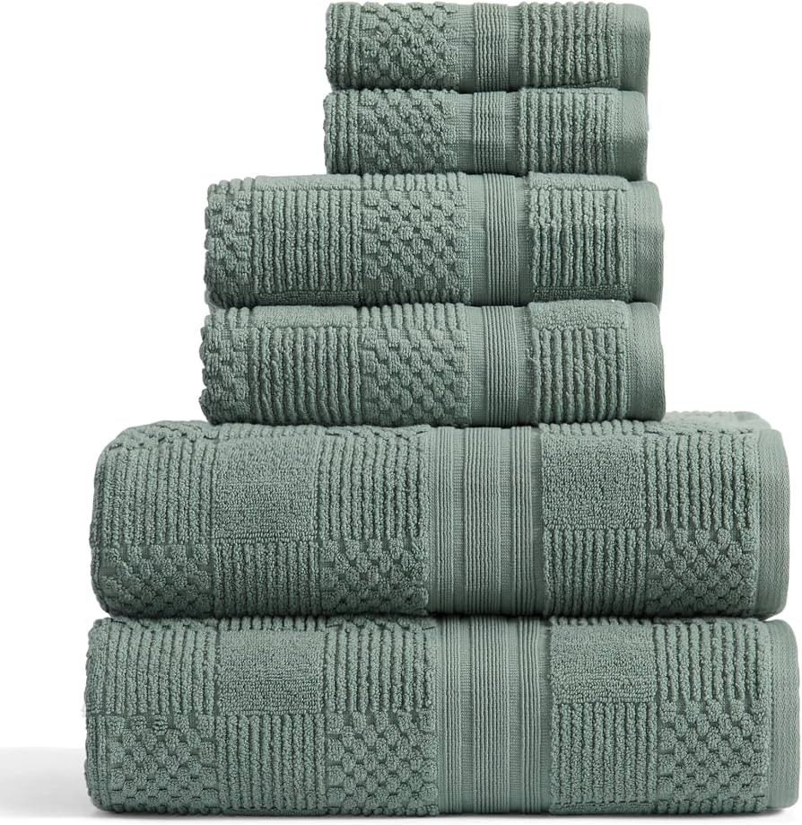Springtree Home 100% Cotton Bathroom Towel Set | 6 Piece Set - Green Bath Towels | Geometric Text... | Amazon (US)