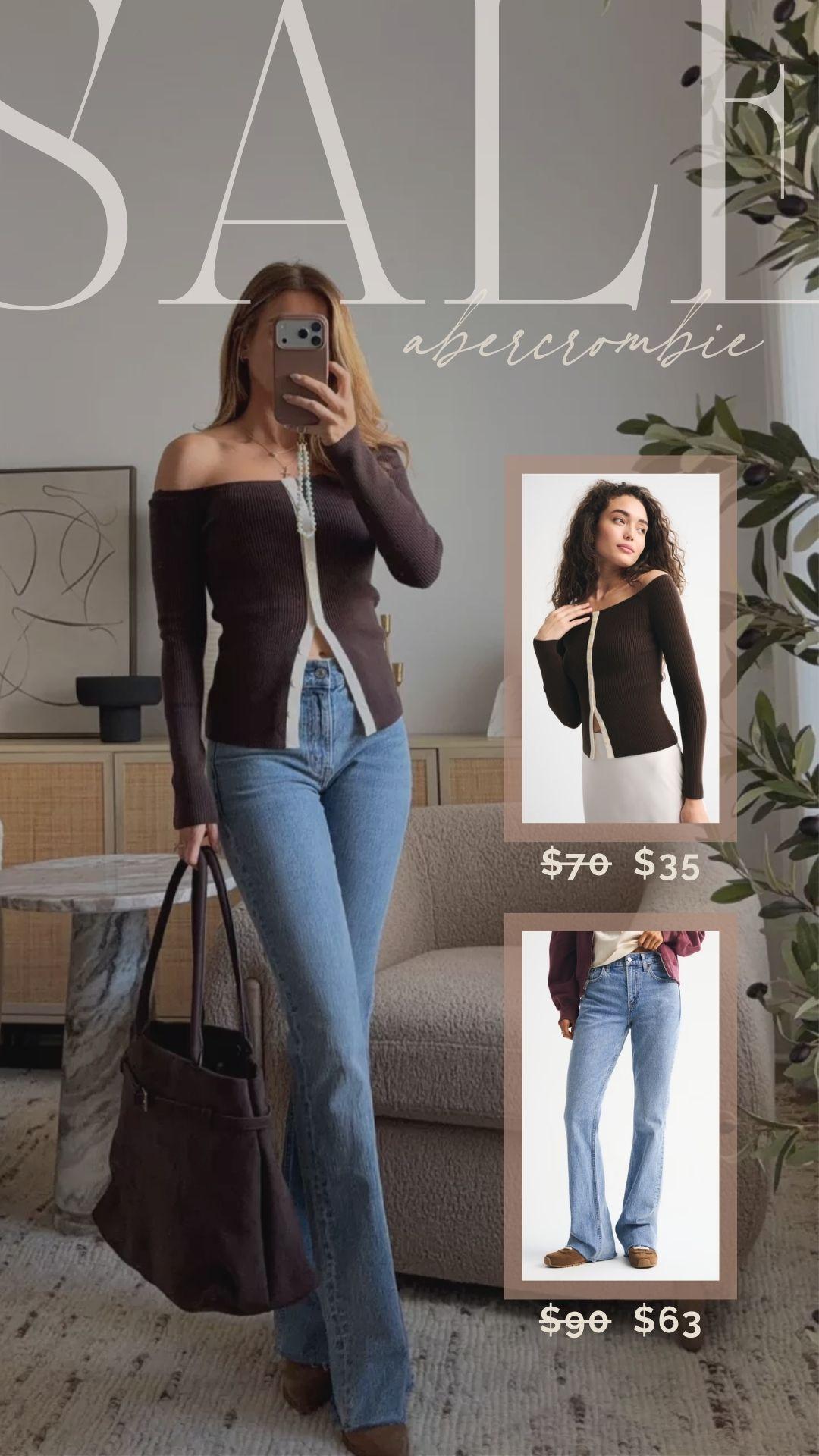 abercrombie is having a 20-50% off sale right now 🤎 wearing an xs in the top, and a 24 regular in the jeans

sale alert, winter fashion, date night outfit, casual outfit, winter outfit, off the shoulder top, bootcut jeans, michele jaliene 

 #LTKSeasonal #LTKSaleAlert #LTKFindsUnder100