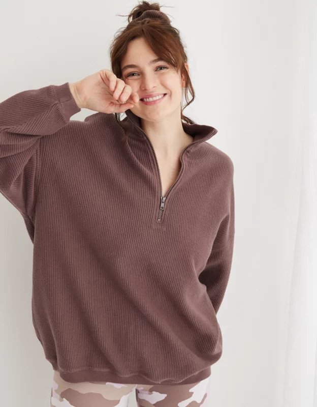 Aerie Good Vibes Corded Oversized Quarter Zip Sweatshirt | American Eagle Outfitters (US & CA)