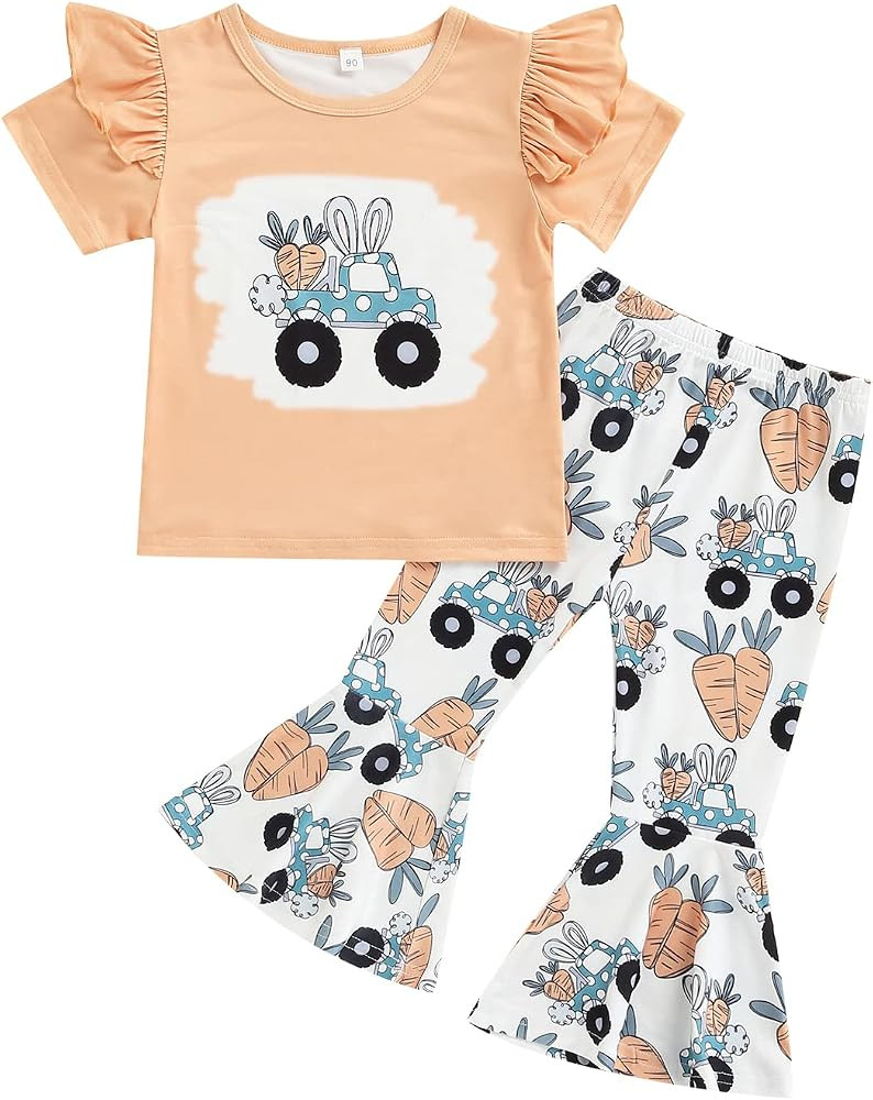 Kids Toddler Baby Girl Easter Outfits Short Sleeve Shirts Bunny T-shirt with Flare Pants 2Pcs Spr... | Amazon (US)